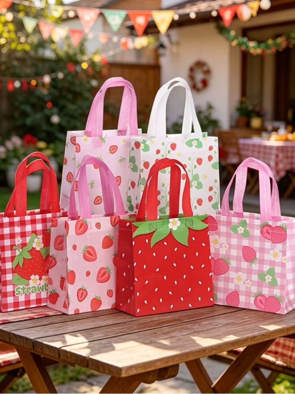 12 Strawberry Reusable Gift Bags Party Favor Tote Bags Tea Party Summer π - Picture 12 of 12